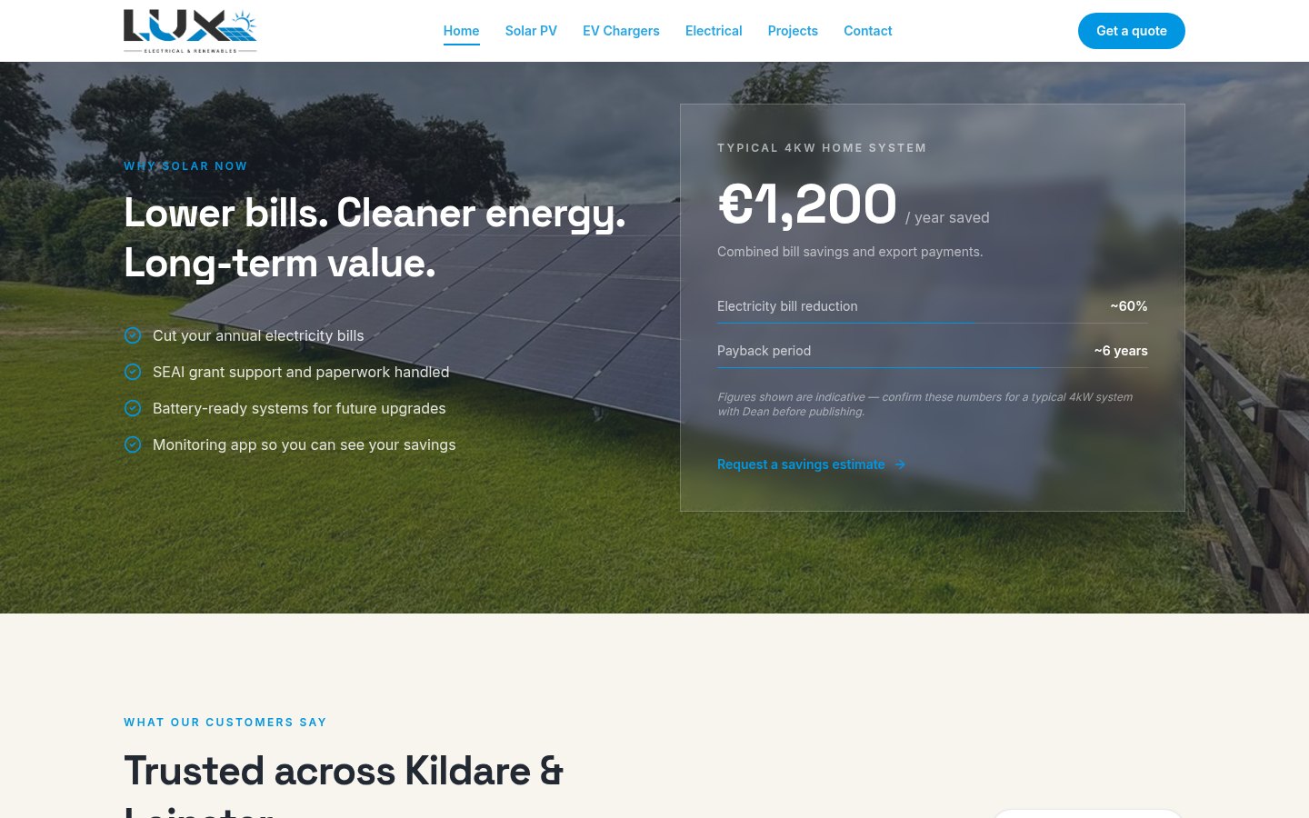 Lux Electrical & Renewables website: Savings