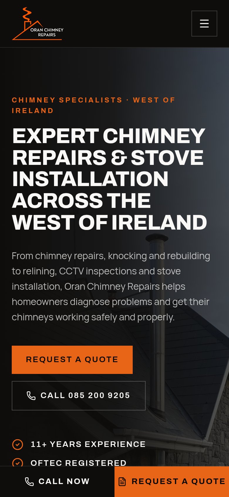 Oran Chimney Repairs website on a phone