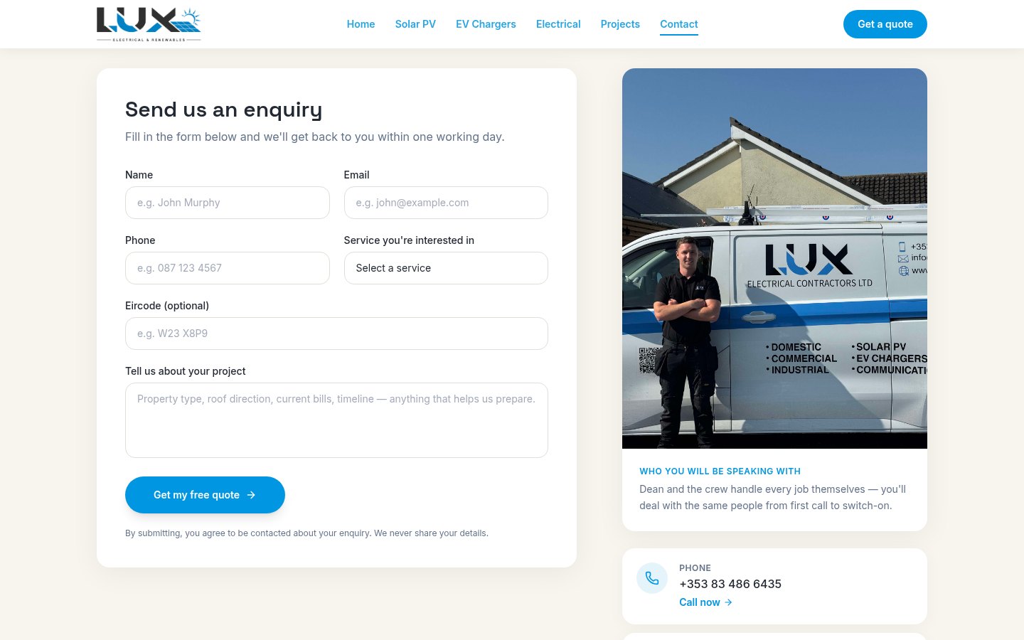 Lux Electrical & Renewables quote request form