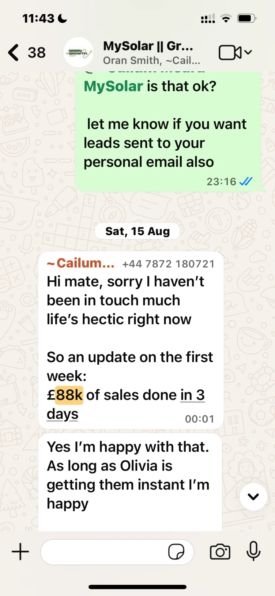 WhatsApp message from Cailum at mySolar reporting £88k of sales in 3 days