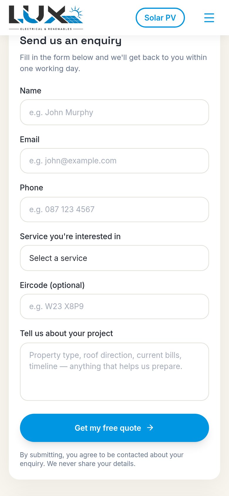Lux Electrical & Renewables quote form on a phone