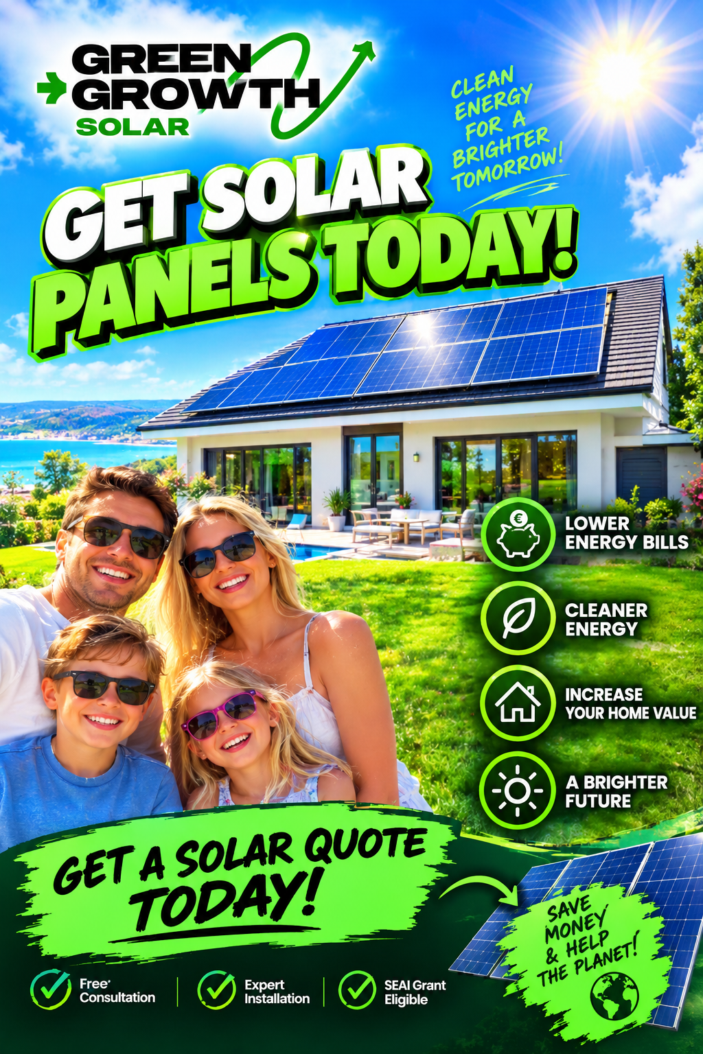 Typical AI-generated solar advert with stock family and bright graphics